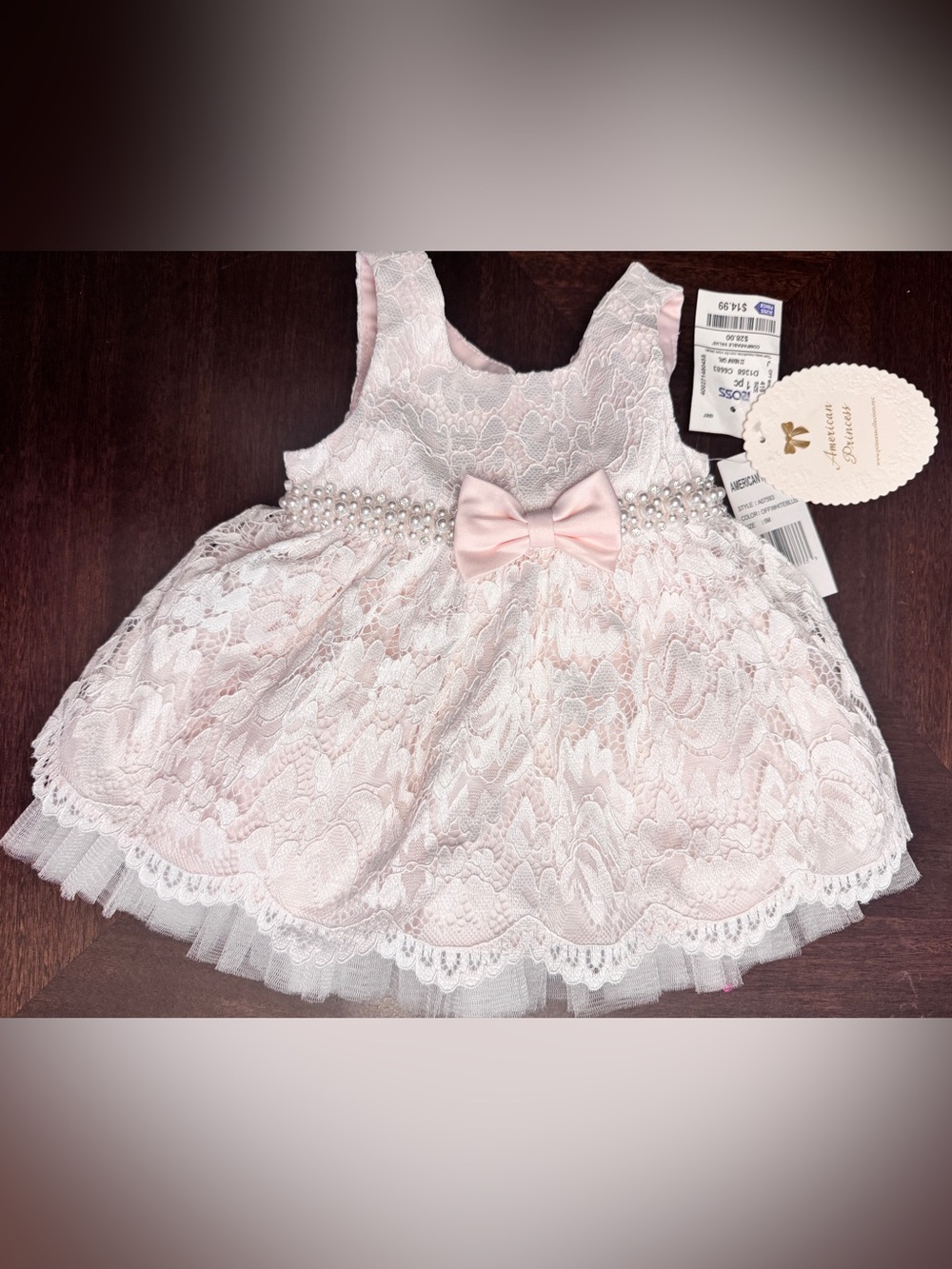 American Princess Light Pink Lace Pearl-Trim Dress with Bow